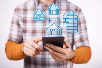 Man using smartphone to explore architectural designs with digital overlays of buildings