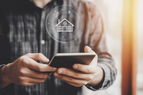 Man using smartphone to control smart home features with digital interface in background