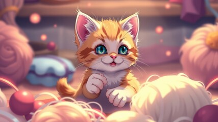 Fototapeta premium An adorable orange tabby kitten playfully sits amidst fluffy yarn balls in a whical, brightly lit workshop.