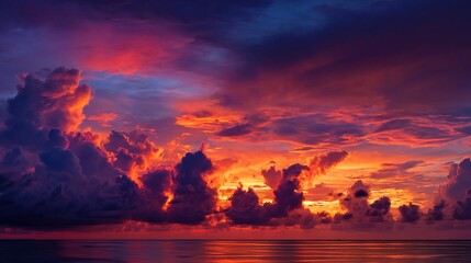 Obraz premium Beautiful sunset in the clouds over the sea Red orange blue purple abstract background Day and night Idyllic Vacation Colorful sky Copy space Design Web banner Wide Long Panoramic Cove : Generative AI