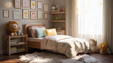 kids&acirc;&euro;&trade; space with clean lines, pastel-colored walls, and interactive toys placed around a central round rug