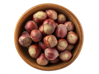 Obraz premium Hazelnut in a wooden bowl, isolated on a white background with a clipping path, top view.