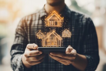 Man using smartphone to visualize digital house icons, with blurred urban background