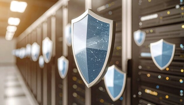 Modern data center with secure cloud protection icons illustrating cyber security and network safety technology in a server room environment with digital shield symbols