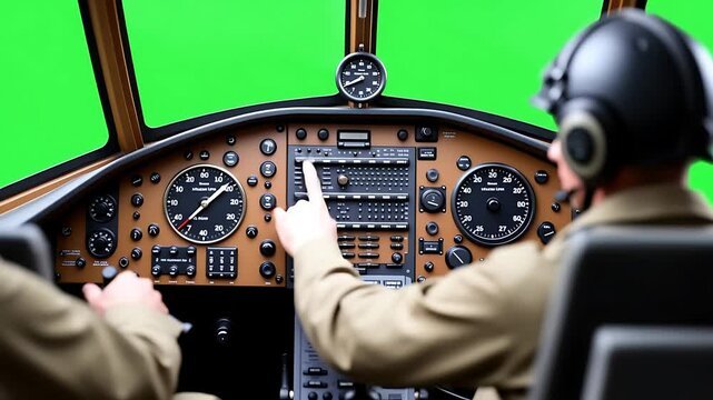 Cockpit interior of a vintage aircraft. Two pilots seated, controlling numerous instruments and controls