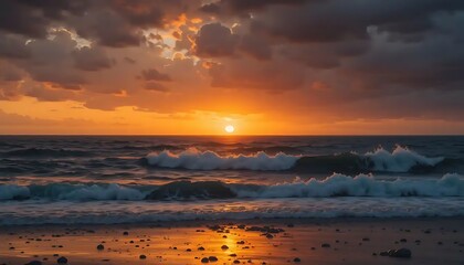 Obraz premium Golden light paints ocean waves on a tranquil beach at sunset time