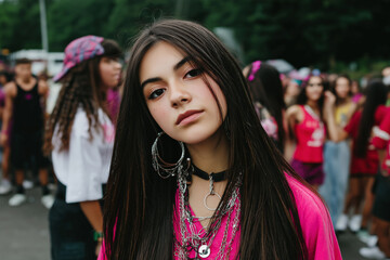 Obraz premium Young Woman with Jewelry and Pink Shirt