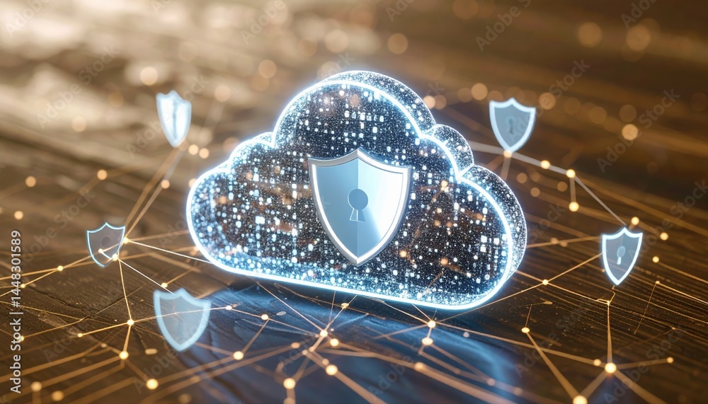 Poster digital cloud computing security concept with glowing shield icons and interconnected network elemen