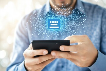 Man using smartphone with digital interface displaying data in a blurred background