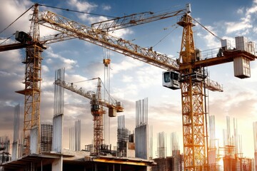 Fototapeta premium engineering machinery, bustling urban settings, visible progress in major infrastructure projects, solid framework designs, robust industrial equipment, secure scaffolding, and contractor teams