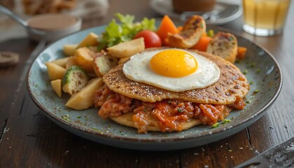 Delicious breakfast meal featuring a sunny-side-up egg with vegetable garnish