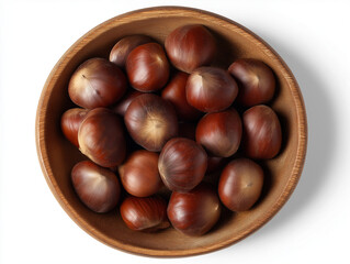 chestnuts in a wooden bowl, isolated on a white background with a clipping path, top view

