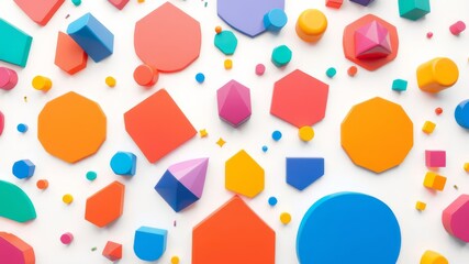 A vibrant collection of colorful geometric shapes scattered on a white background creates a playful and dynamic pattern ideal for design projects.