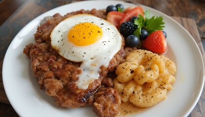 Gastronomic harmony, savory patty topped with an egg and fruit composition