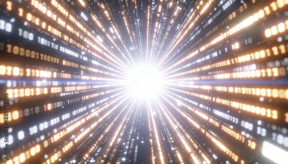 Poster bright white light explosion with radiating golden binary data streams in a dynamic digital technolo