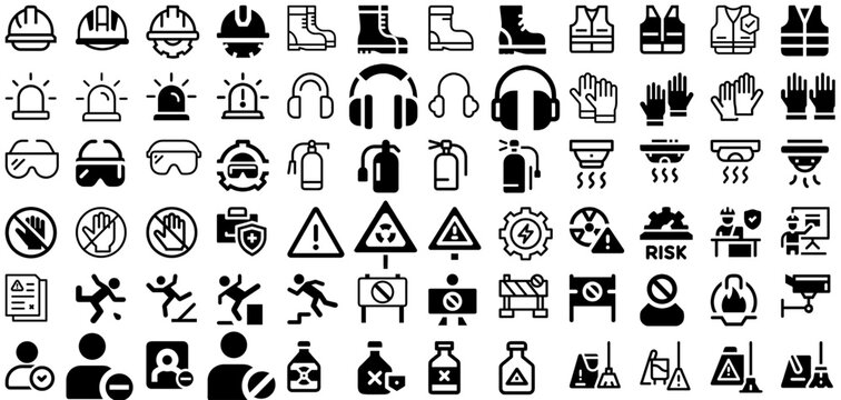 Industrial Safety & PPE Set – Workplace Hazard Sign: Large line and glyph icon set of PPE, safety equipment, and hazard warnings for use in workplace safety guides, industry, and compliance posters.