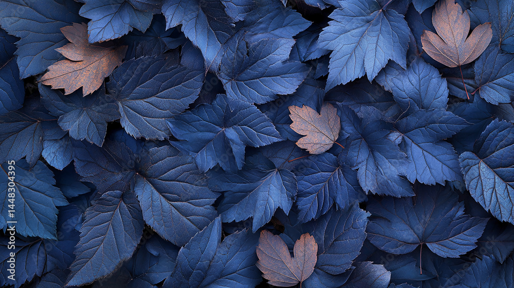 Poster deep blue leaves texture, creating a rich and moody atmosphere, showcasing autumnal tones and natura