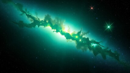 A vibrant green nebula glows intensely in the vast expanse of dark space, stars twinkling distantly in this cosmic scene.