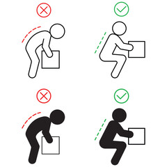 weight lifting with correct and incorrect posture, posture of spine icon set, vector, customizable stroke