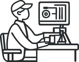 Line art illustration of a person sitting at a desk working on a computer with data displayed on monitor screen