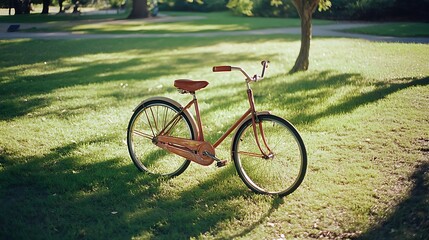 Fototapeta premium Vintage bicycle parked in a sunlit park.