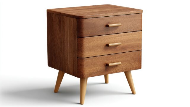 Mid century modern wooden timeless furniture nightstand with three drawers and angled legs, featuring a minimalist mid-century design.