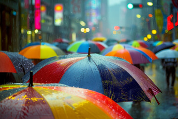 Witness the magnificent beauty of a vibrant cityscape embellished with a colorful array of umbrellas, where brave individuals elegantly navigate through the rain soaked streets under their protective 
