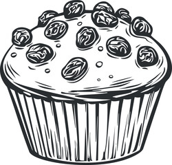 Black and white line drawing of a single blueberry muffin with visible berries and textured wrapper.