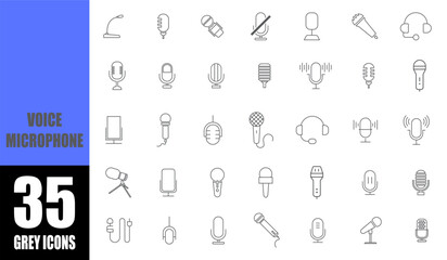 Voice microphone Pictogram grey line icons. Modern and old vintage mic icons. Podcast radio icons.