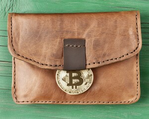 Handmade leather wallet with Bitcoin coin