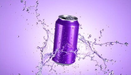 Purple drink can refreshment with splashing water against a lavender background