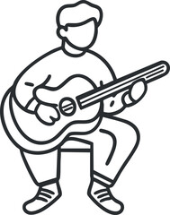 Outline illustration of a person playing an acoustic guitar sitting on a stool, focused on music and performance.