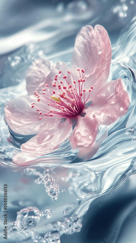 Poster pink flower floats on clear water surface, creating a serene and tranquil image, symbolizing purity,