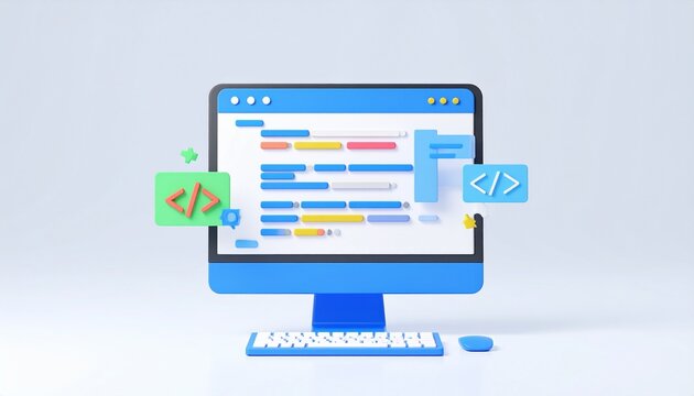 3d render of coding interface on computer with keyboard and mouse