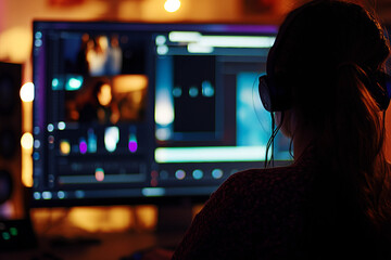 Creative Sound Film Movie Producer in Studio During working process Vibrant Lighting, Generative AI