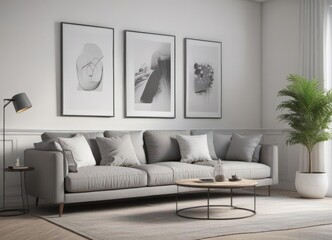 Grey couch, white wall, stylish posters, pillows ,  white,  poster gallery