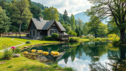 Fototapeta premium A picturesque log cabin led beside a serene lake in a lush green mountain valley landscape offers tranquility and peace.
