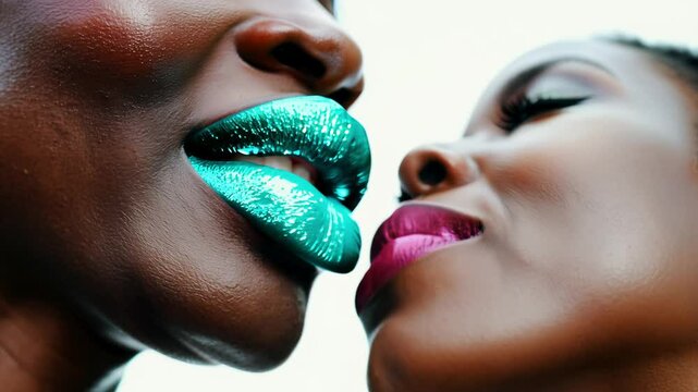 Close-up slow zoom video: mature ebony woman, young ivory woman kiss. lips shine electric teal in soft natural light, edgy flair. Concept of diverse intimacy