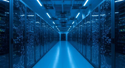 Data center server room with illuminated racks and blue lighting system