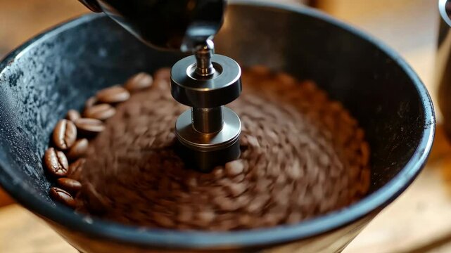 Grinding coffee beans in motion with spinning burr grinder in high definition