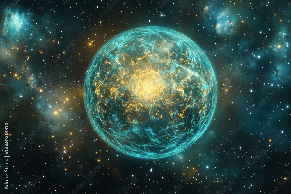 Wall mural glowing quantum ai sphere in cosmic space showcasing intricate energy patterns aligned with golden r