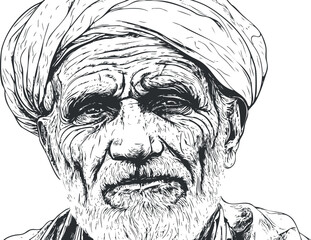Detailed black and white line drawing of an elderly man wearing a turban with deep wrinkles and a beard