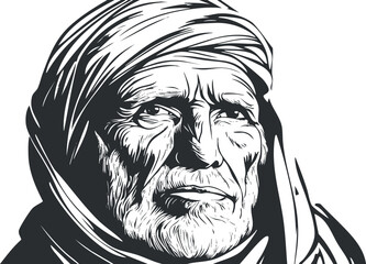 Black and white illustration of an elderly man with a headscarf showing detailed wrinkles and beard
