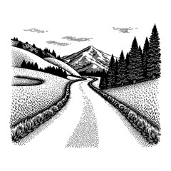 Fototapeta premium Winding mountain road through grassy hills and trees Black and White Outline Line Art Drawing Engraving Style