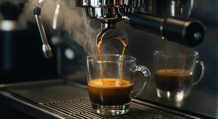 Espresso pouring into glass cup from machine with rising steam