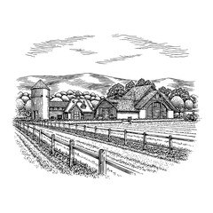 Fototapeta premium Rural Farm Scenery View Buildings Barns Silo Fields Fence Trees Mountains Black and White Outline Line Art Drawing