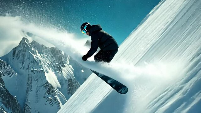 Snowboarder jumps and carves down steep powdery mountain slope