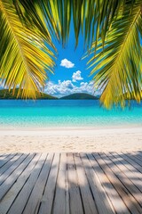 Fototapeta premium Tropical beach view framed by palm leaves, leading to turquoise waters and a distant island. Wooden deck in the foreground