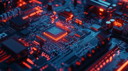 Fototapeta premium Close up of electronic board with red and blue lights, highlighting the microprocessor at its core.