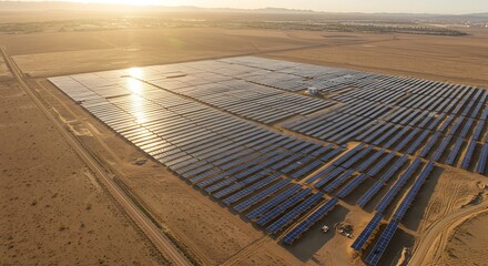 Fototapeta premium Extensive solar panel farm in a arid landscape generating renewable energy